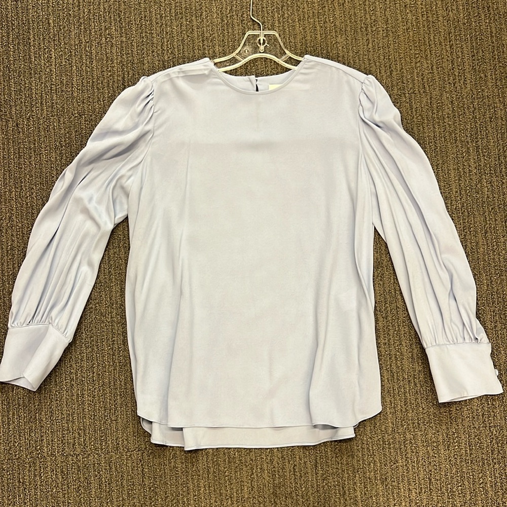 Another Tomorrow pale periwinkle viscose crepe jewelry neck blouse